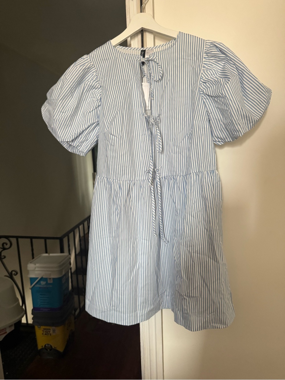 H&M Light Blue & White Striped Puff Sleeve Mini Dress